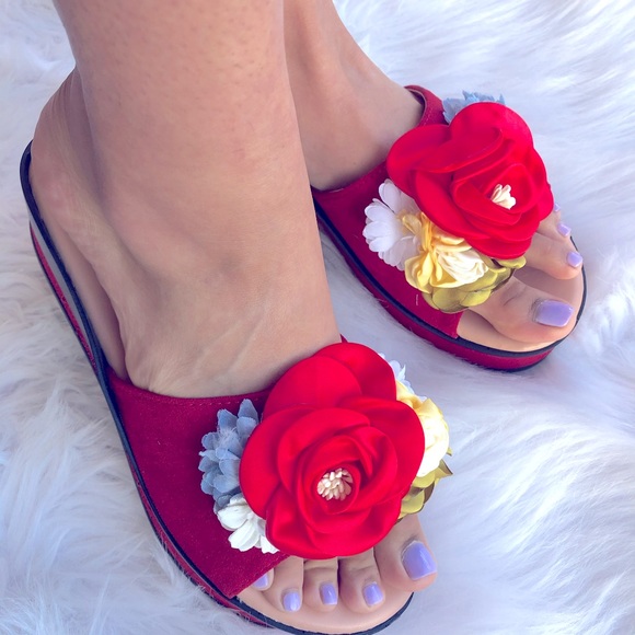 Italina Shoes - Italina Red Rose 3D Flower Flatform Heeled Wedge Sandal 5.5